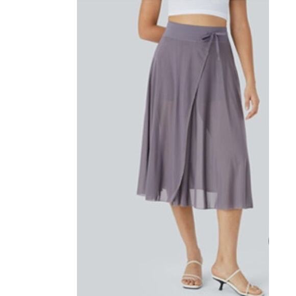 HALARA Dresses & Skirts - Halara NWT Mesh High Waisted Drawstring Midi Flare Skirt Large Stardust Mauve